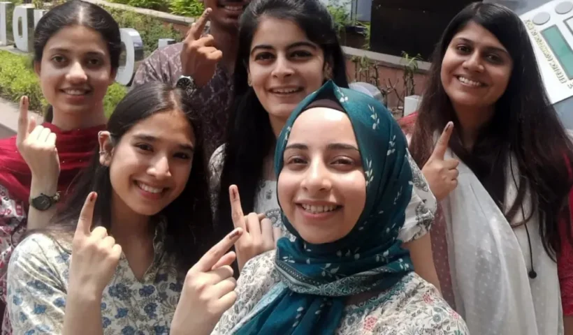 First timer voters displaying their finger marks after casting their vote in Anantnag-Rajouri constituency in Jammu and Kashmir where an all-time high turnout was recorded