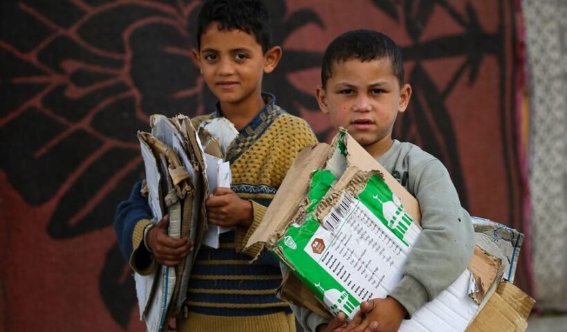 Children in Gaza collect cardboard to light fires for cooking