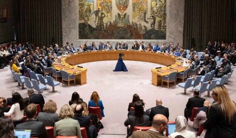 A wide view of the UN Security Council in session.